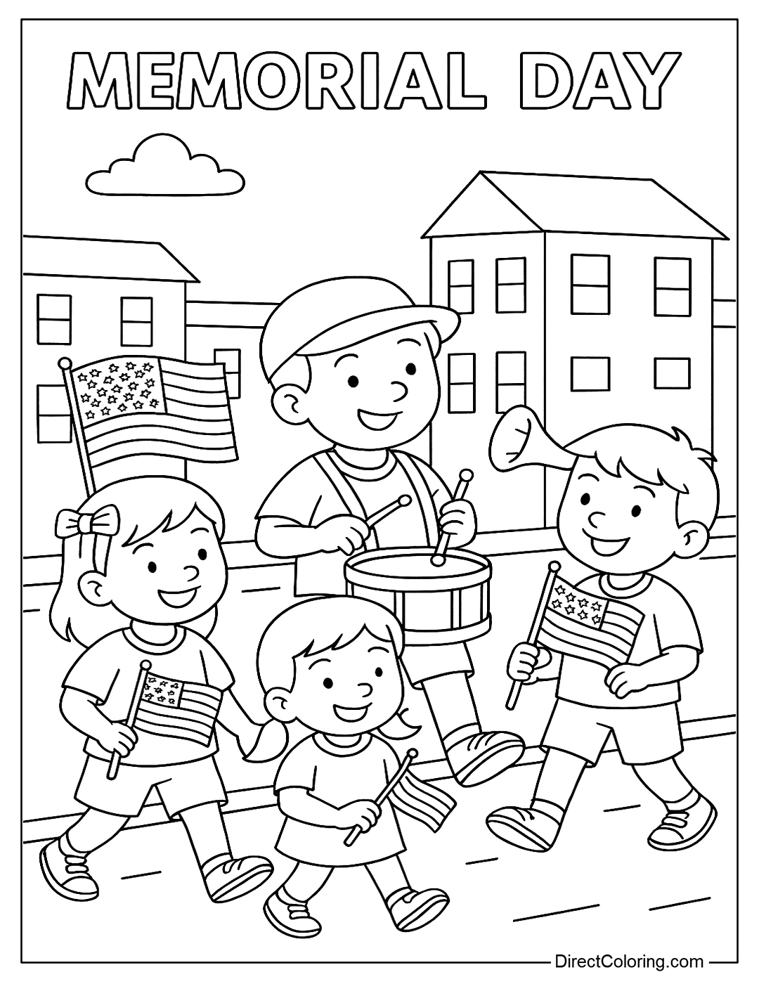 coloring page A Memorial Day parade, children carrying flags and musical instruments, passing through the streets
